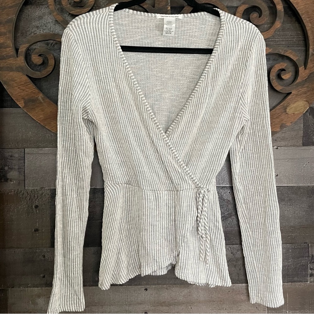 Faux Wrap Top Tie V Neck Pin Stripe Boho Preppy Minimalist Blouse